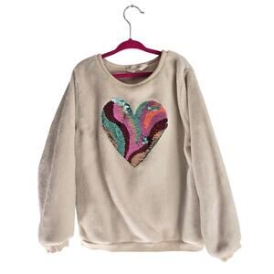 H&M Girls Sequin Embellished Heart Cozy Fleece Crew Neck Sweater Cream Size 6X/7